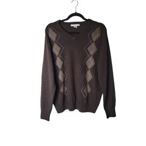Geoffrey Beene VTG 90s Mens L Brown Argyle V Neck Cozy Pull Over Grandpa Sweater